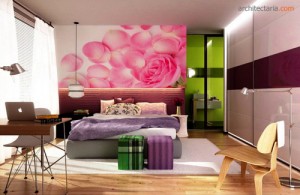 desain kamar tidur dengan wallpaper motif bunga